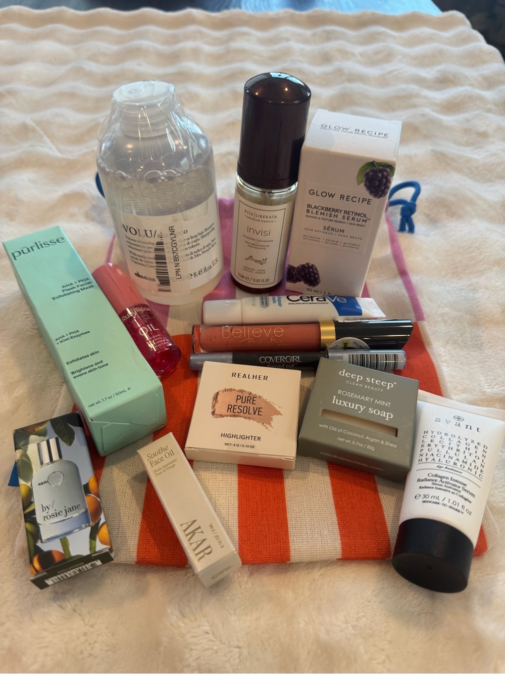 NEW Skincare, makeup, hair care bundle with striped bag